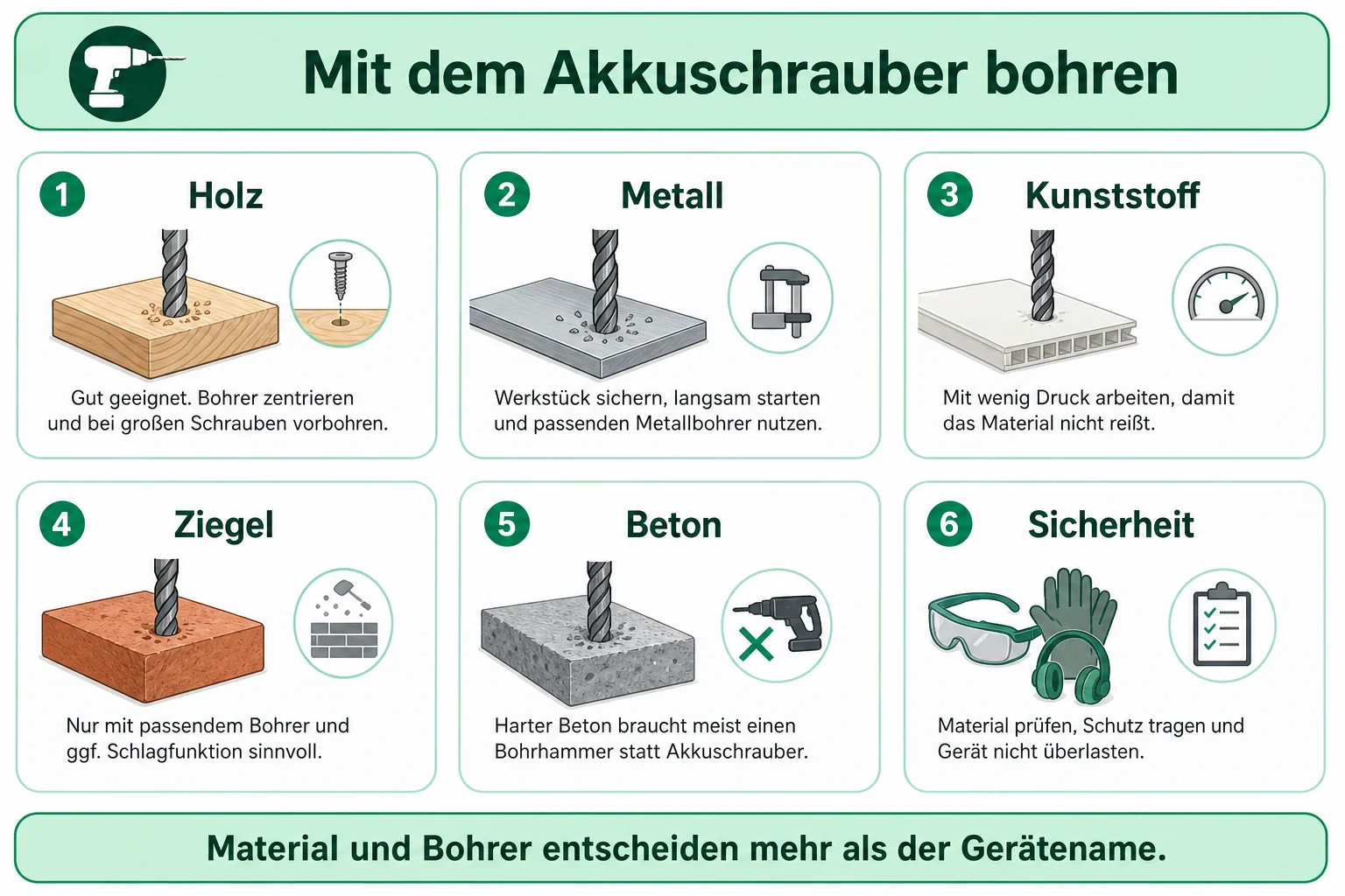 Infografik: Mit dem Akkuschrauber in verschiedene Materialien bohren