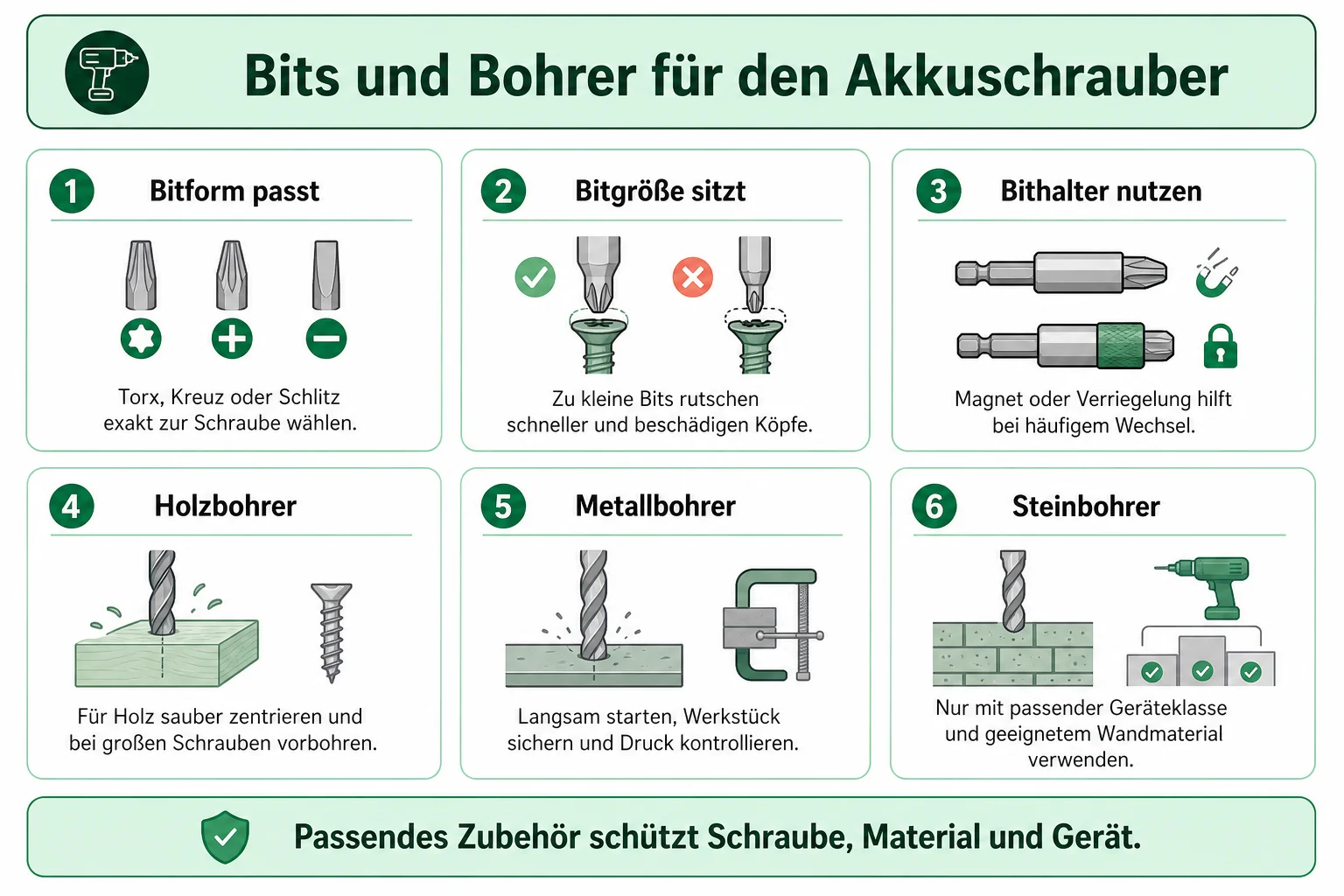 Infografik: Bits und Bohrer für den Akkuschrauber auswählen