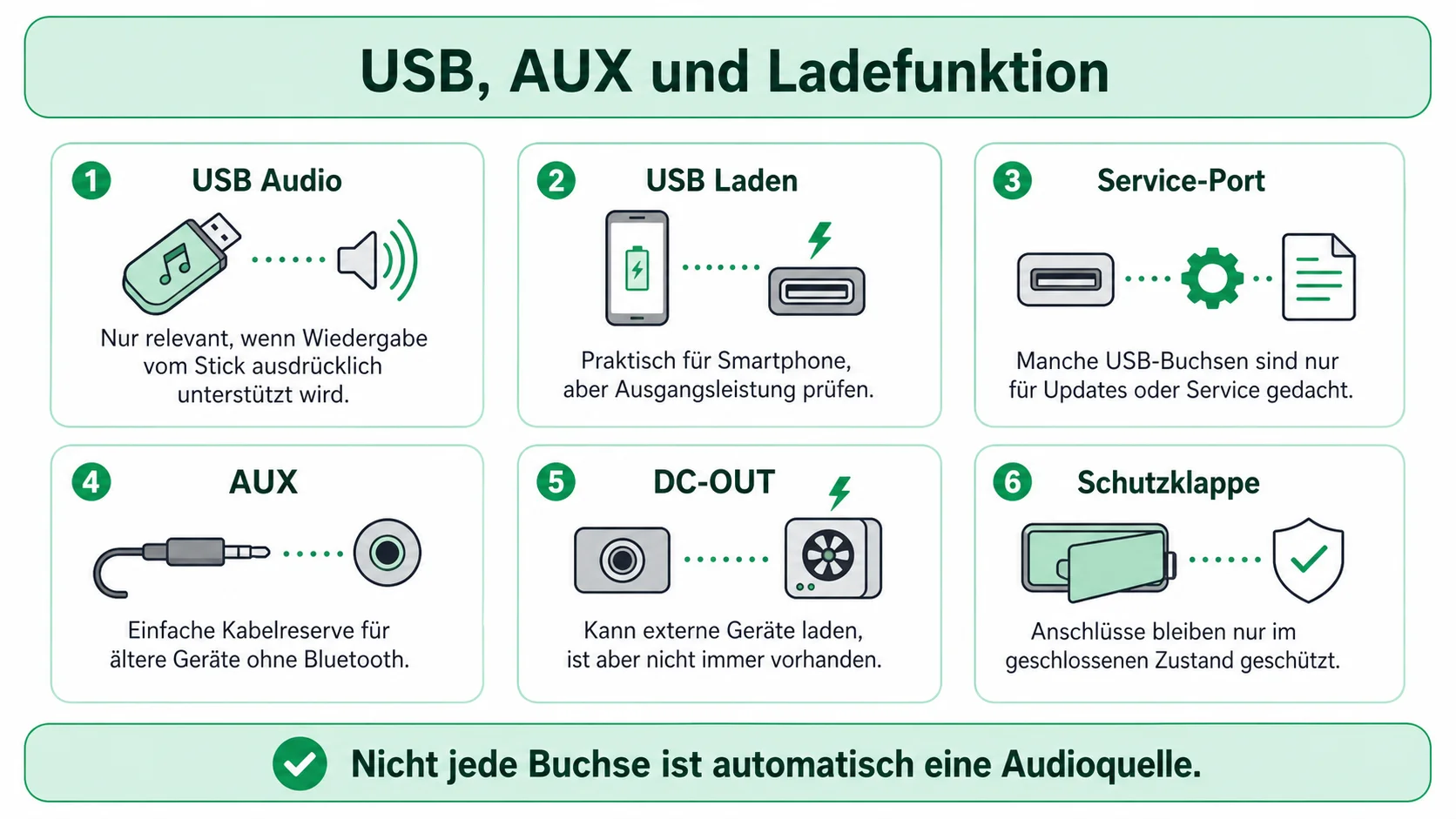 Infografik: USB, AUX und Ladefunktion beim Baustellenradio