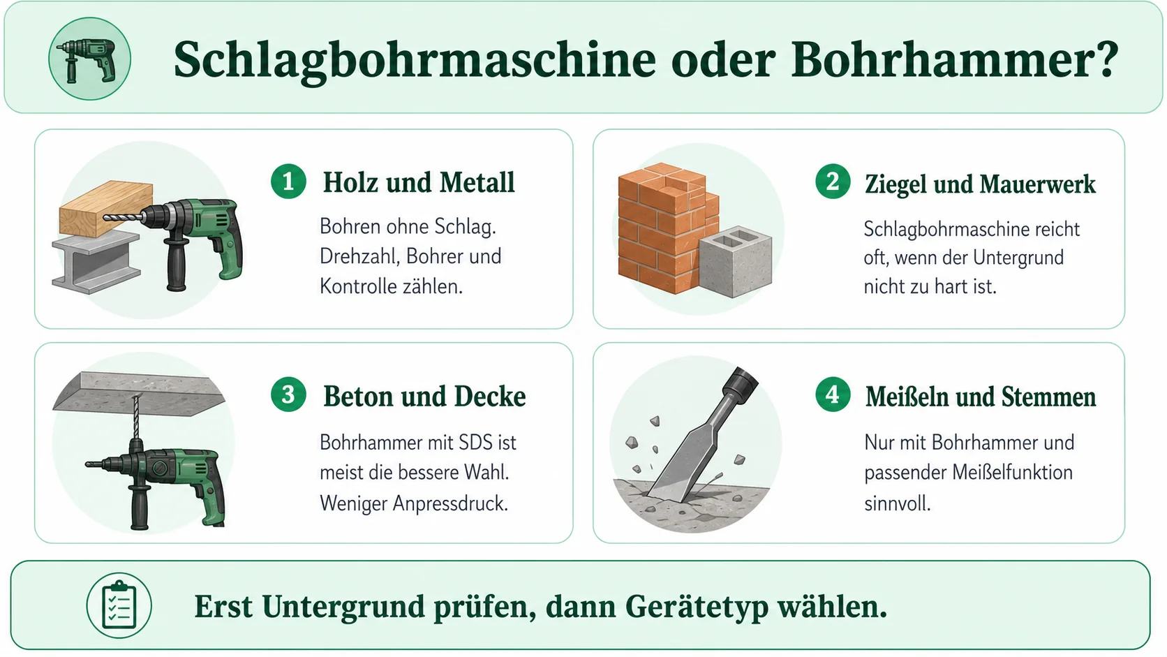 Infografik: Schlagbohrmaschine oder Bohrhammer nach Einsatz einordnen