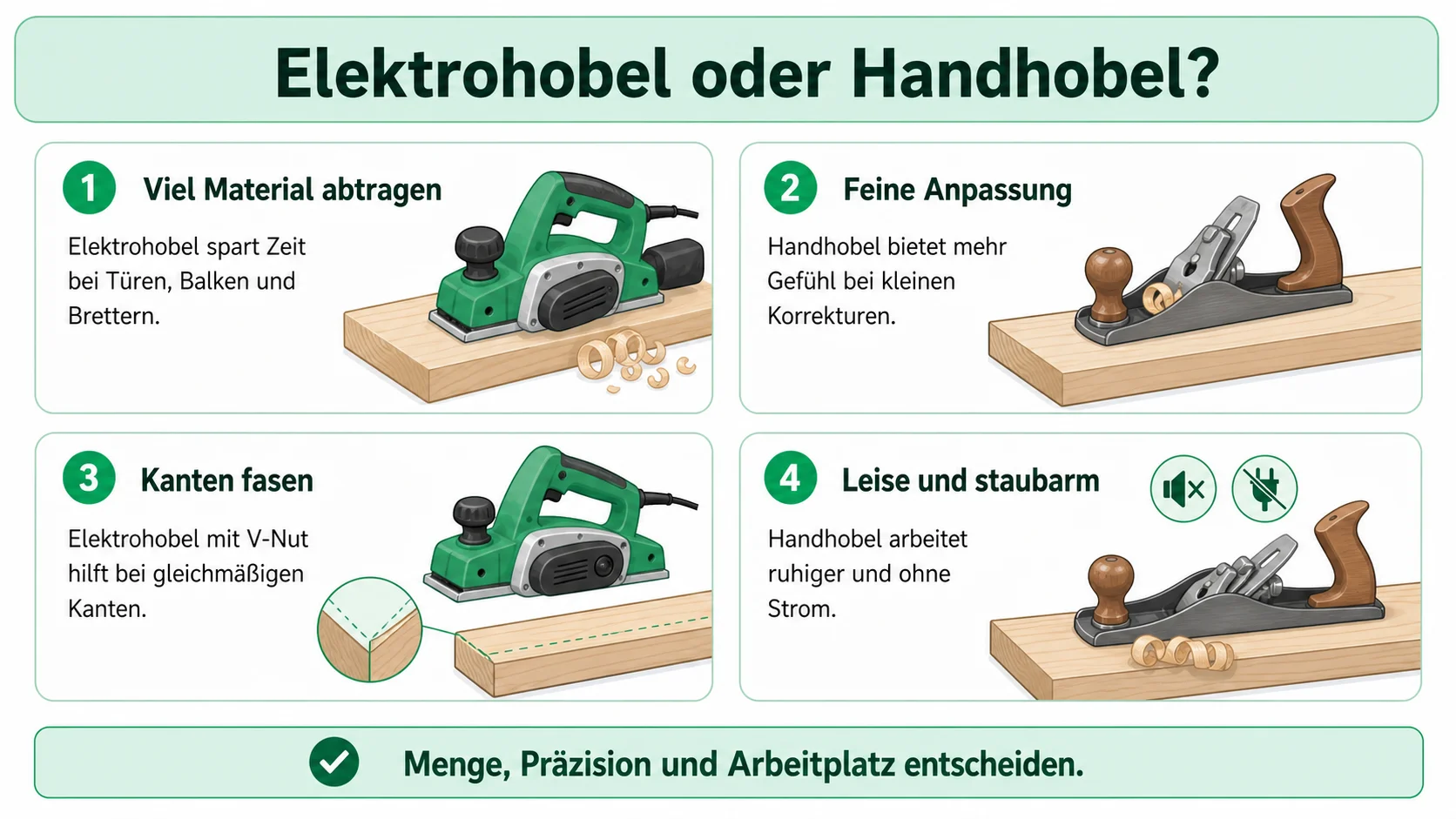 Infografik: Elektrohobel oder Handhobel im Vergleich