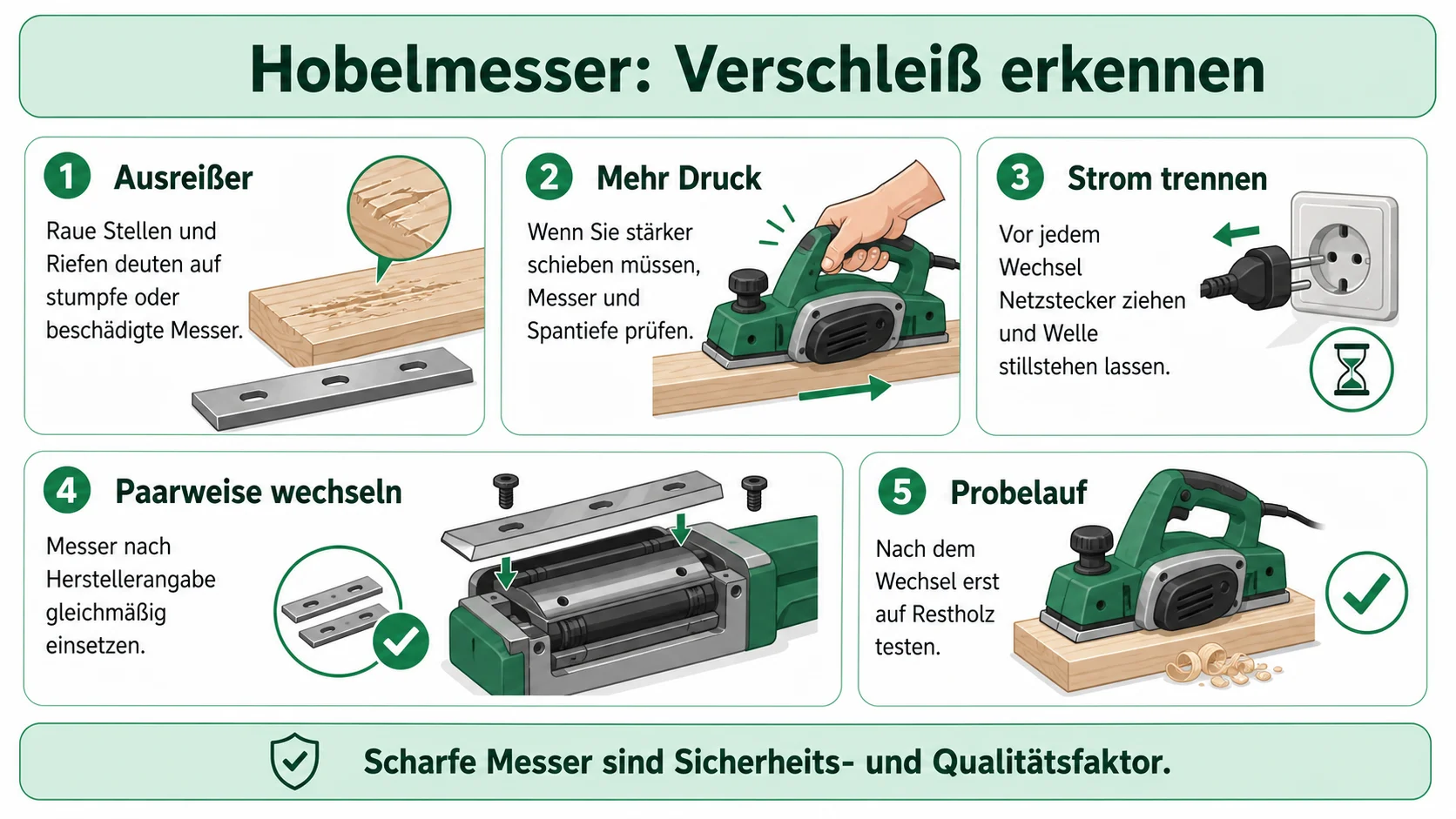 Infografik: Hobelmesser beim Elektrohobel wechseln und Verschleiß erkennen