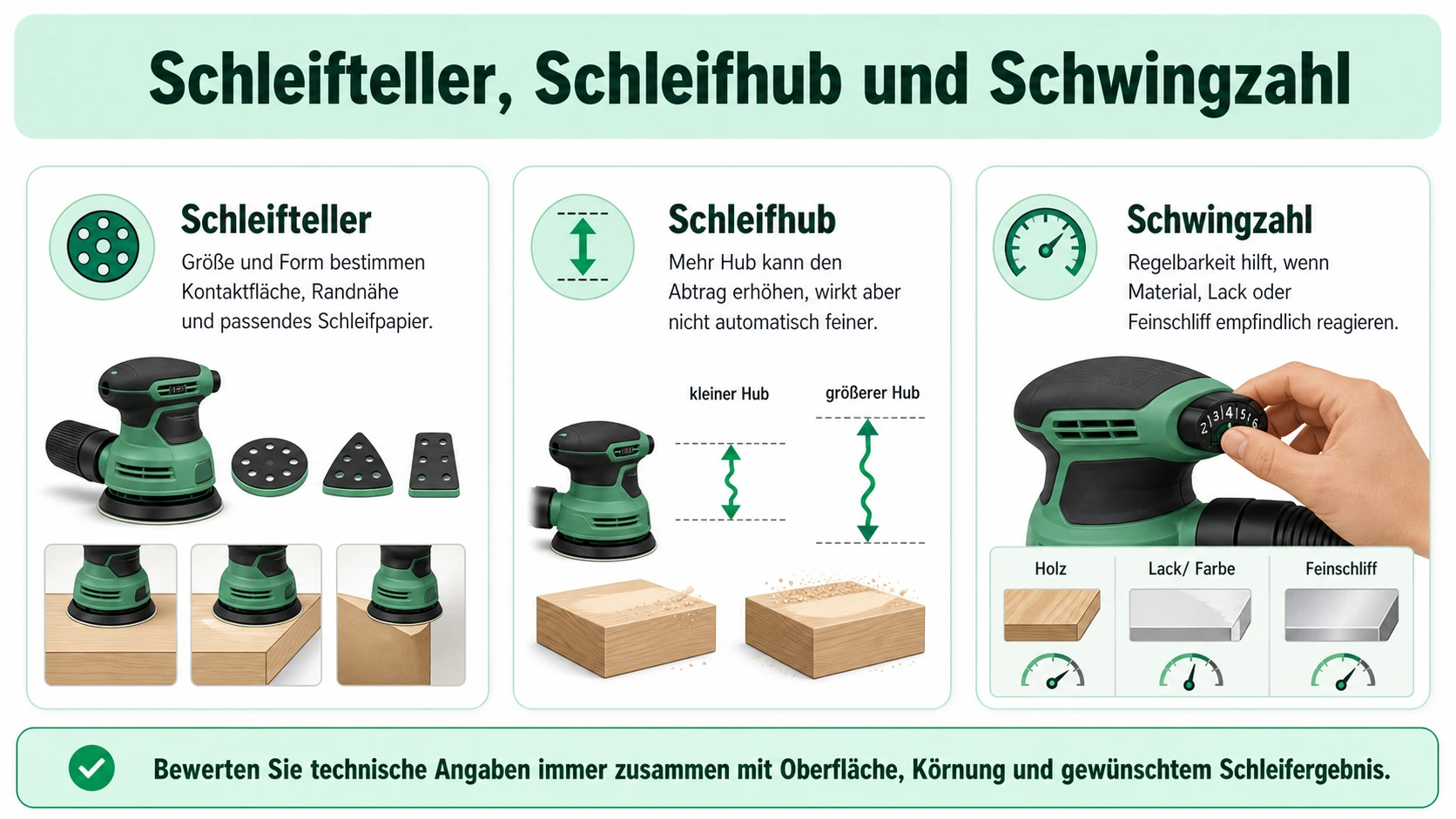 Infografik zu Schleifteller, Schleifhub und Schwingzahl