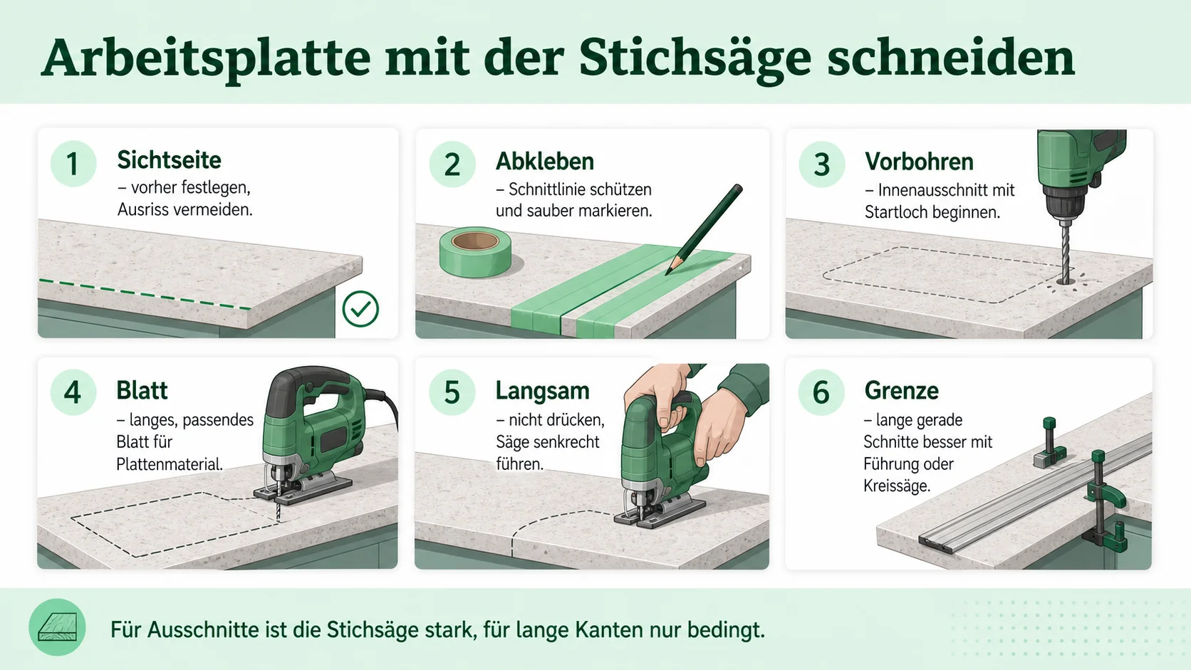 Infografik: Arbeitsplatte mit der Stichsäge schneiden