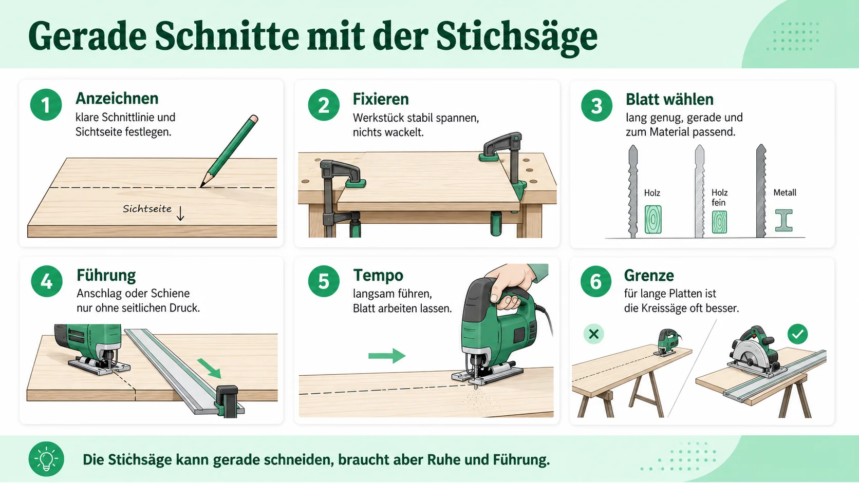 Infografik: Gerade Schnitte mit der Stichsäge