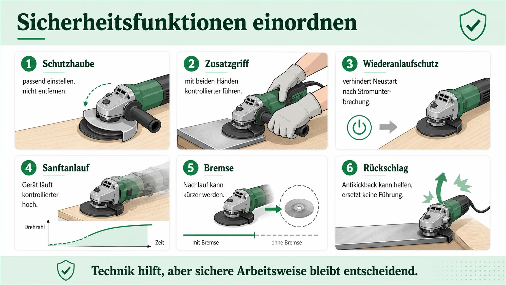 Infografik zu Sicherheitsfunktionen beim Winkelschleifer